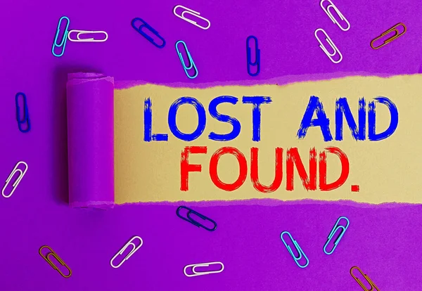 Text sign showing Lost And Found. Conceptual photo a place where lost items are stored until they reclaimed.