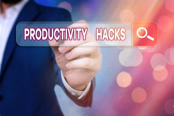 Texte d'écriture de mots Productivité Hacks. Concept d'entreprise pour les astuces que vous obtenez plus fait dans la même quantité de temps . — Photo