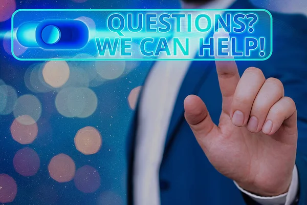 Texto de escritura a mano Preguntas que podemos ayudar. Concepto que significa ofrecer ayuda a aquellos que quieren saber . — Foto de Stock