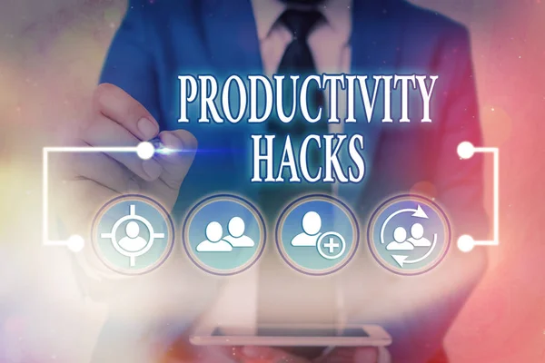 Texte d'écriture de mots Productivité Hacks. Concept d'entreprise pour les astuces que vous obtenez plus fait dans la même quantité de temps . — Photo