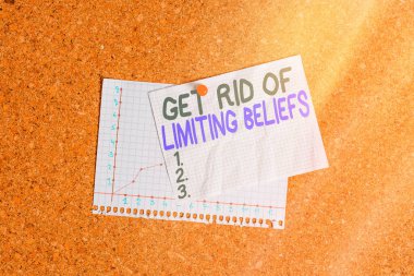 Conceptual hand writing showing Get Rid Of Limiting Beliefs. Business photo showcasing remove negative beliefs and think positively Corkboard size paper thumbtack sheet billboard notice board. clipart
