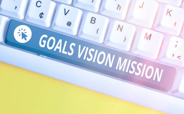 Texto a mano Objetivos Misión Visión. Concepto que significa proceso de planificación práctica utilizado para ayudar al grupo comunitario . — Foto de Stock