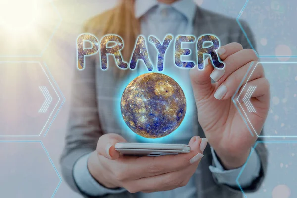 Handwriting text writing Prayer. Concept meaning solemn request for help or expression of thanks addressed to God Elements of this image furnished by NASA. — Stock Photo, Image