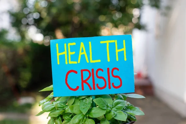 Writing note showing Health Crisis. Business photo showcasing fitness problem that affects in more geographic areas Plain paper attached to stick and placed in the grassy land.