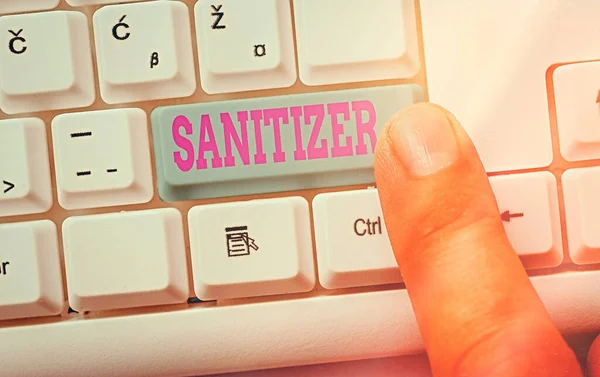 Nota de escritura que muestra Sanitizer. Foto comercial que muestra líquido o gel generalmente utilizado para disminuir agentes infecciosos . — Foto de Stock