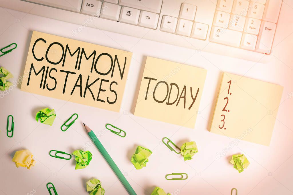 Word writing text Common Mistakes. Business concept for actions that are often used interchangeably with error Flat lay above blank copy space sticky notes with business concept.