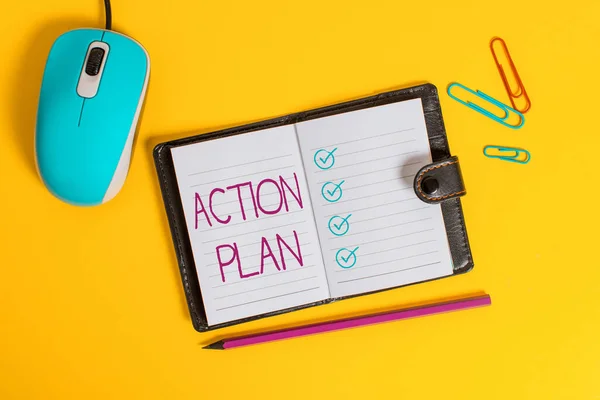 Writing note showing Action Plan. Business photo showcasing detailed plan outlining actions needed to reach goals or vision Leather locked diary striped sheets marker mouse colored background. — Stock Photo, Image