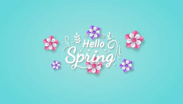 Hallo Frühlingslandschaft mit buntem Blumenpapier geschnitten realistischen Kunststil in blauem Hintergrund. perfekt für Einladung, Grußkarte, Vektor-Illustration. — Stockvektor