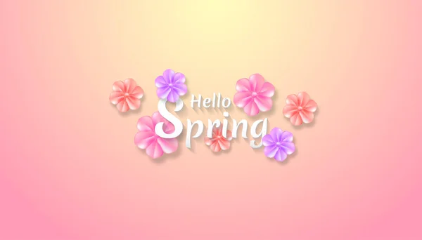 Olá paisagem Primavera com papel de flor colorido corte estilo de arte realista em fundo gradiente. perfeito para convite, saudação, ilustração de vetor de cartão de celebração . — Vetor de Stock