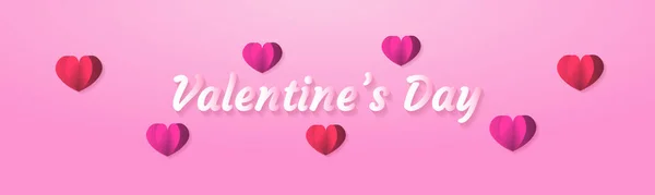 Happy Valentine 's Day Landschap met liefde en kalligrafie papier kunst stijl in roze witte achtergrond. perfect voor uitnodiging, wenskaart, viering vector illustratie. — Stockvector