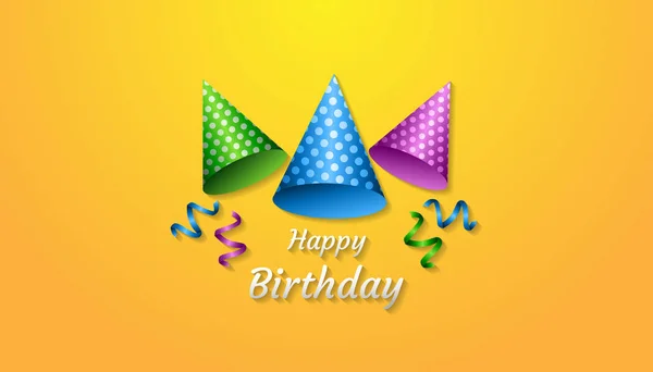 Happy birthday concept with realistic party hat, ribbon, confetti and text in yellow background. perfect for greeting , banner, celebration vector illustration. — Stock Vector