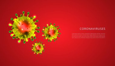 Kırmızı arka planda Corona virüsü grubu 3D gerçekçi vektör. Coronavirüs hücresi, wuhan virüs hastalığı. Afiş, el ilanı, poster vs. için mükemmel. Vektör illüstrasyonu