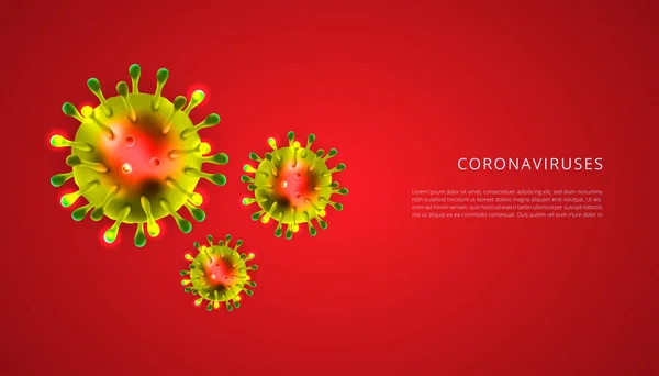 Kelompok virus Corona 3d vektor realistik di latar belakang merah. Sel Coronavirus, penyakit virus wuhan. Sempurna untuk informasi spanduk, selebaran, poster, dll. Ilustrasi vektor - Stok Vektor