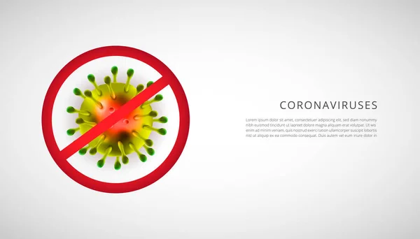 Coronavirus 2019 nCoV 3d realista com sinal de parada em fundo branco. Célula de coronavírus, doença pandémica do vírus wuhan. Perfeito para informações de banner, panfleto. Ilustração vetorial — Vetor de Stock
