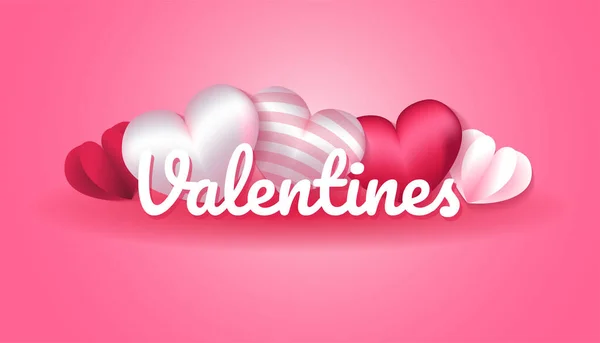Valentijnsdag Achtergrond met 3D hartvorm en papieren liefde in roze en witte kleur, geschikt voor uitnodiging, groet, viering kaart — Stockvector