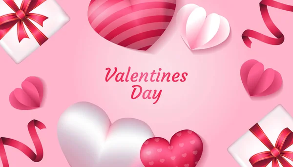 Fondo de San Valentín con forma de corazón 3d, amor de papel, cinta y caja de regalo en color rosa y blanco, aplicable para invitación, saludo, tarjeta de celebración — Vector de stock