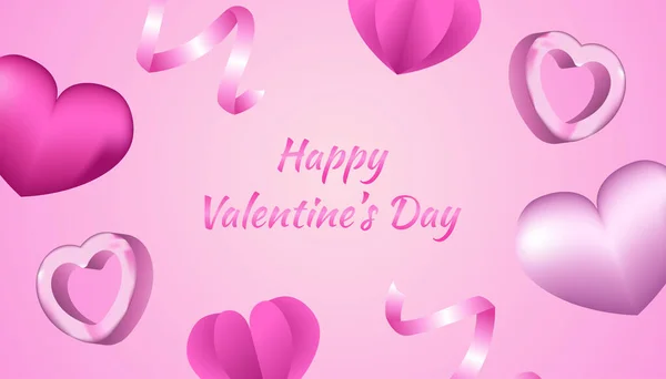 Glad Alla hjärtans dag bakgrund med 3D-hjärta form, papper kärlek, band och presentförpackning i rosa och vit färg, tillämplig för inbjudan, hälsning, firande kort — Stock vektor