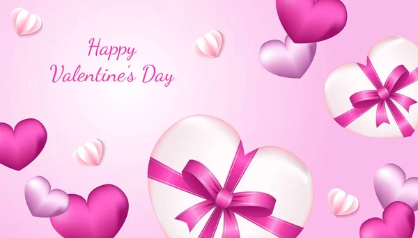 Fundal fericit Ziua Îndrăgostiților cu formă de inimă 3D, dragoste de hârtie și cutie cadou în culoare roz și alb, aplicabilă pentru invitație, salut, carte de sărbătoare — Vector de stoc