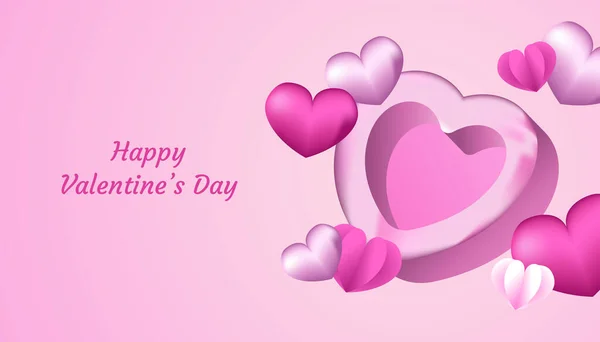 Happy Valentines Day Background με 3d σχήμα καρδιάς, χάρτινη αγάπη σε ροζ και λευκό χρώμα, για πρόσκληση, χαιρετισμό, εορταστική κάρτα — Διανυσματικό Αρχείο