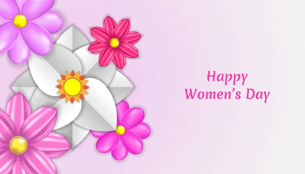 Glückliche Frauentag Hintergrund mit Blumenpapier schneiden 3D-Blumenschmuck in rosa, lila und weißen Farbe — Stockvektor