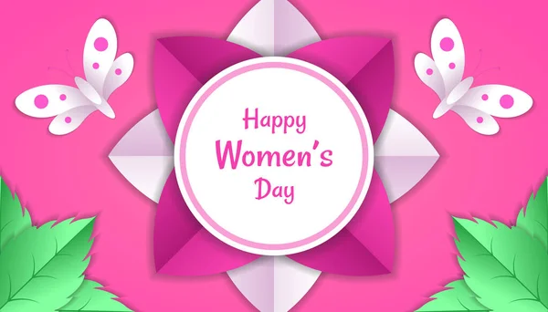 Fondo del día de la mujer feliz con flor, papel de mariposa cortado decoración floral 3d en color rosa y blanco — Vector de stock