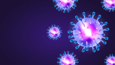 Koronavirüs, koyu mor arkaplanda, boş kopya alanı olan 3 boyutlu gerçekçi bir vektör. Corona virüs hücresi, wuhan virüs hastalığı. Afiş, el ilanı, poster vs. için mükemmel. Vektör illüstrasyonu E10