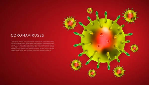 Coronavírus Vetor Realista Fundo Vermelho Célula Vírus Corona Doença Vírus — Vetor de Stock