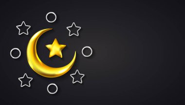 Ramazan Kareem arkaplanı gerçekçi hilal, yıldız ve altın gümüş renginde halka şeklinde. Bayrak için mükemmel, selamlama. Vektör illüstrasyonu