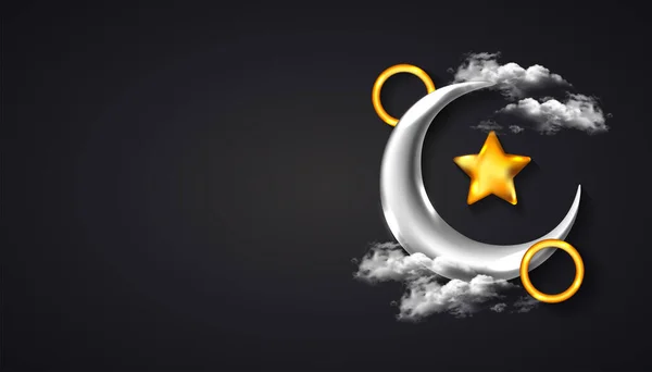 Ramadan Kareem Background Realistic Crescent Moon Star Ring Golden Silver — Stock Vector