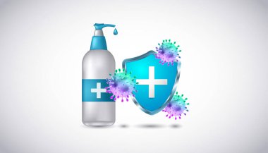 Corona Virüsü 2020 virüsü için bağışıklık sistemi el dezenfektanı. Covid-19 salgını ve grip. Coronavirus 2019-nCoV. Pandemik sağlık riski 3 boyutlu gerçekçi vektör çizimi