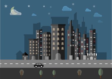 Gece cityscape manzara düz vektör arka plan.