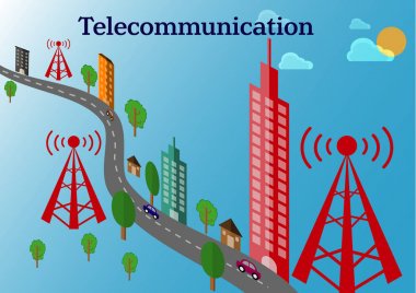 Kule manzara araba ve ağaçları ile telekomünikasyon kule ve verici