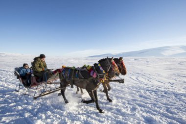 Ardahan şehir Türkiye'de dondurulmuş Cildir gölde atlı kızak.