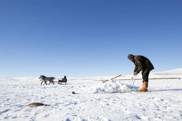 Ψαράς Ψάρεμα χρησιμοποιώντας δικτυωτό καλσόν σε παγωμένη λίμνη Cildir σε Arda — Φωτογραφία Αρχείου
