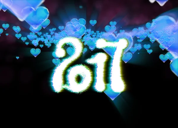 Happy new year 2017 isolated numbers written with light on dark bokeh background and red flying hearts 3d illustration — Stock Photo, Image