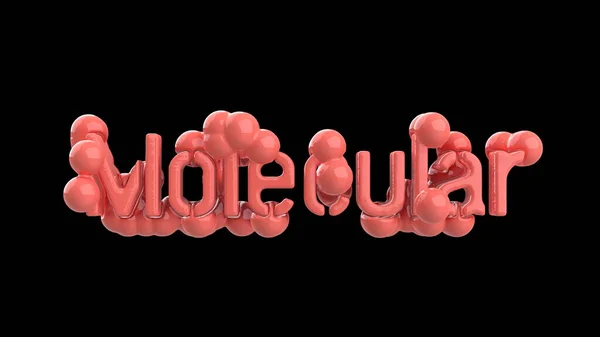 Modelo de estructura molecular abstracta con letras de palabras en metal brillante rosa de moda. Aislado sobre fondo negro. 3d renderizar — Foto de Stock