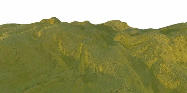 Yeşil çim tepeler tarafından beyaz arka plan hava üstten görünüm dron veya uçak ile sıcak güneş ışığı yaktı. 3D çizim render — Stok fotoğraf