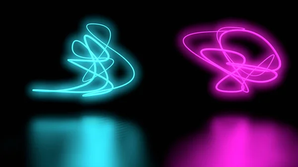 Futuristiska Sci-Fi abstrakt lila och blå neonljus former på svart fondvägg och reflekterande golv med tomt utrymme för Text 3d Rendering Illustration — Stockfoto