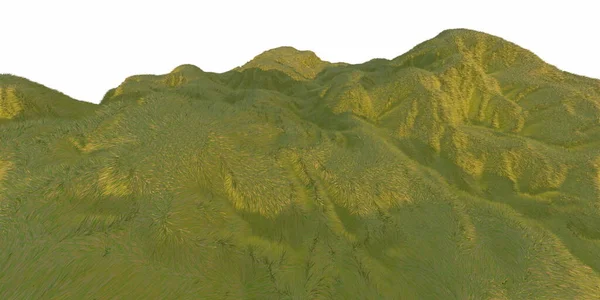 Zielona trawa hills oświetlone przez ciepłe światło słoneczne z białym tle góry ptaka z dronów lub płaszczyzny. ilustracja 3D renderowania — Zdjęcie stockowe