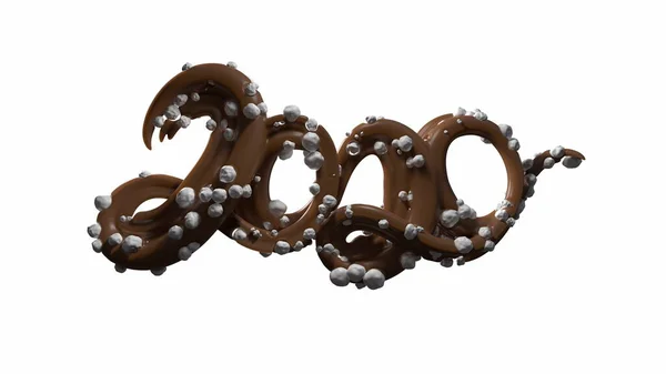 Feliz Ano Novo Banner com 2020 Números feitos por chocolate brilhante com bolas de açúcar isoladas em fundo branco. abstrato ilustração 3d letras criativas — Fotografia de Stock