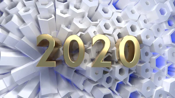 Happy New Year Banner con letras de números 2020 hechas por Gold en la estructura de cuadrícula moderna de panal de abeja hexagonal. abstracto 3d ilustración — Foto de Stock