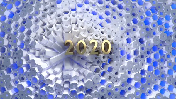 Happy New Year Banner with 2020 Numbers lettering made by Gold on hexagonal honeycomb modern grid structure. abstract 3d illustration
