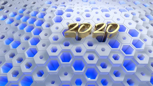 Happy New Year Banner con letras de números 2020 hechas por Gold en la estructura de cuadrícula moderna de panal de abeja hexagonal. abstracto 3d ilustración — Foto de Stock