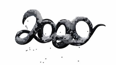 2020 Numaralı Yeni Yıl Sancağınız kutlu olsun. Siyah parlak plastikten yapılmış ve beyaz arka planda izole edilmiş kar var. soyut 3d çizim yaratıcı harfler