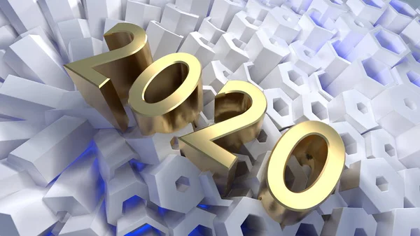 Happy New Year Banner con letras de números 2020 hechas por Gold en la estructura de cuadrícula moderna de panal de abeja hexagonal. abstracto 3d ilustración — Foto de Stock