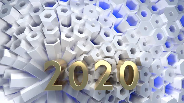 Happy New Year Banner con letras de números 2020 hechas por Gold en la estructura de cuadrícula moderna de panal de abeja hexagonal. abstracto 3d ilustración — Foto de Stock