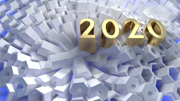 Happy New Year Banner con letras de números 2020 hechas por Gold en la estructura de cuadrícula moderna de panal de abeja hexagonal. abstracto 3d ilustración — Foto de Stock