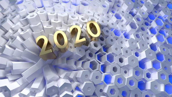 Frohes neues Jahr Banner mit 2020 Zahlen Schriftzug aus Gold auf sechseckigen Waben moderne Gitterstruktur. abstrakte 3D-Illustration — Stockfoto