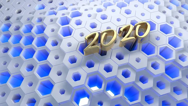 Happy New Year Banner con letras de números 2020 hechas por Gold en la estructura de cuadrícula moderna de panal de abeja hexagonal. abstracto 3d ilustración — Foto de Stock