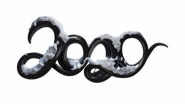 2020 Numaralı Yeni Yıl Sancağınız kutlu olsun. Beyaz arka planda karla izole edilmiş parlak siyah plastik veya karamel kullanılmış. soyut 3d çizim yaratıcı harfler
